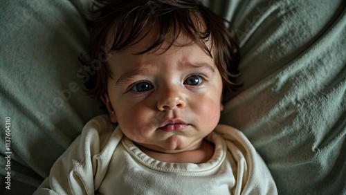 Infant with expressive blue eyes resting on soft bedding in a peaceful environment. Generative AI photo