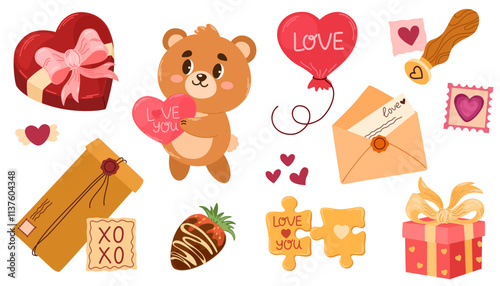 Romantic elements for Valentines day. Scrapbooking elements for valentines day heart, gift, chocolate box, teddy bear, mailbox and mail. Hand draw vector illustration isolated on white background