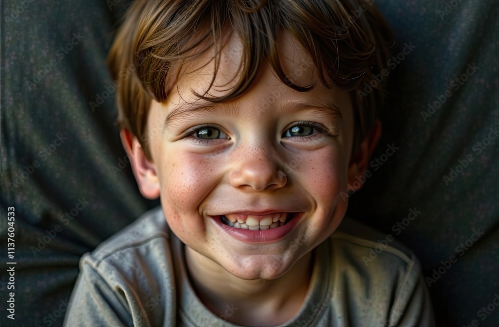 Young boy with joyful smile relaxing on a chair indoors during daytime. Generative AI Young boy with joyful smile relaxing on a chair indoors during daytime. Generative AI