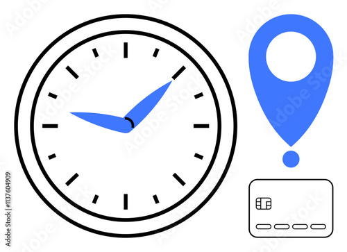 Clock with blue hands indicating time, blue location pin for navigation, and credit card illustrating payment options. Ideal for time management, navigation, finance, logistics, education, business