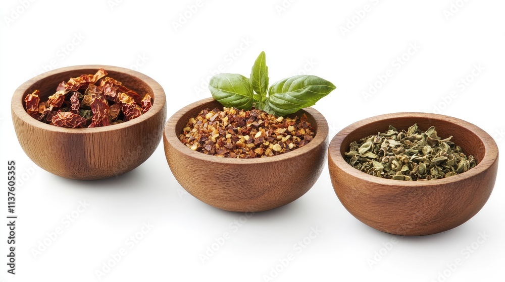 A detailed shot of spices in small wooden bowls, featuring dried basil, chili flakes, and curry leaves on a white background A detailed shot of spices in small wooden bowls, featuring dried basil, chili flakes, and curry leaves on a white background