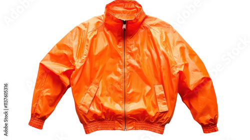 Bright orange windbreaker jacket displayed against a transparent background highlighting its design and texture details. photo