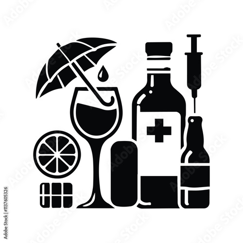 Classical alcohol cocktails silhouette illustrations set cartoon retro groovy funky style. Collection of various summer fancy drinks in different shapes glasses. Margarita, Manhattan, Negroni, 
