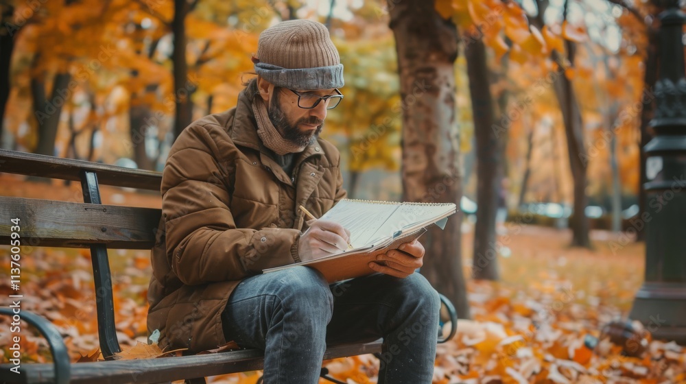 A hipster man sketching in a notebook while sitting on a park bench surrounded by autumn leaves A hipster man sketching in a notebook while sitting on a park bench surrounded by autumn leaves