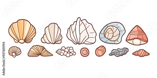 Modern outline icon featuring oyster mollusks, pearl corrals, and snail shells doodled in linear style, white or transparent background