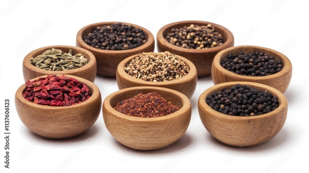 A variety of colorful spices in small wooden bowls, with a clean white background and shadows adding depth A variety of colorful spices in small wooden bowls, with a clean white background and shadows adding depth