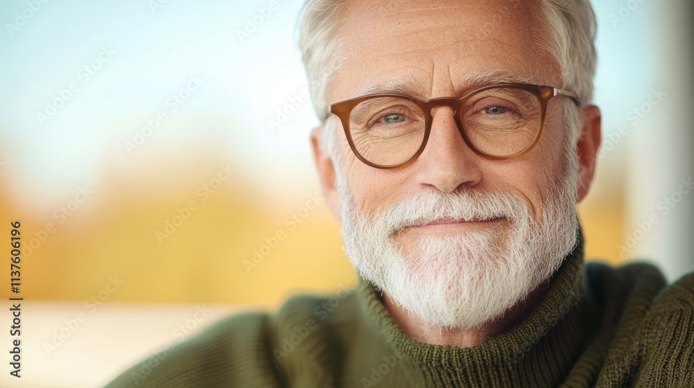 An elderly man smiles while wearing a wearable heart monitor, the discreet device providing peace of mind and potentially life saving data for early detection of heart issues. An elderly man smiles while wearing a wearable heart monitor, the discreet device providing peace of mind and potentially life saving data for early detection of heart issues.