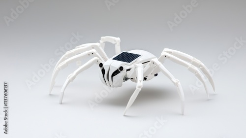 A robotic spider with articulated legs, scaling a vertical wall using micro suction technology powered by a small solar panel on its abdomen.