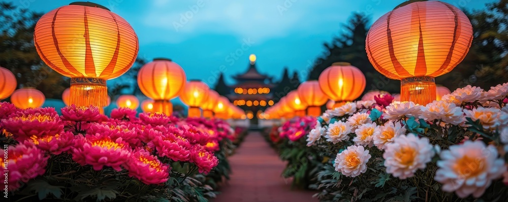 Chinese lanterns concept. Beautiful garden pathway adorned with colorful flowers and glowing lanterns at dusk. Chinese lanterns concept. Beautiful garden pathway adorned with colorful flowers and glowing lanterns at dusk.