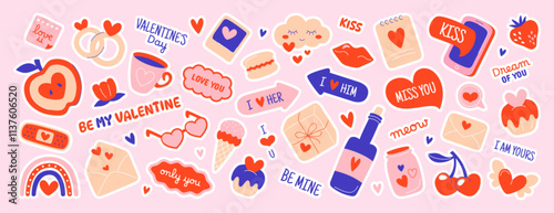 Vector set of cute valentine's day stickers for daily planner, notebook. Diary journal labels, scrapbook romantic icons with heart love, gifts, envelope, desserts, wedding rings and memo elements.