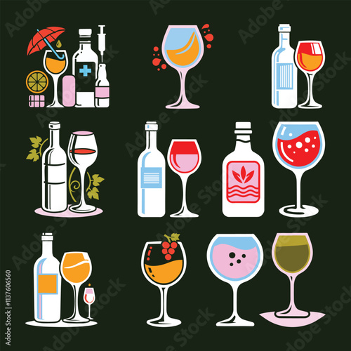 Classical alcoholic cocktails vector illustrations set cartoon retro groovy funky style. Collection of various summer tropical drinks in different shapes glasses. Daiquiri, Martini, Gin Tonic, Mojito