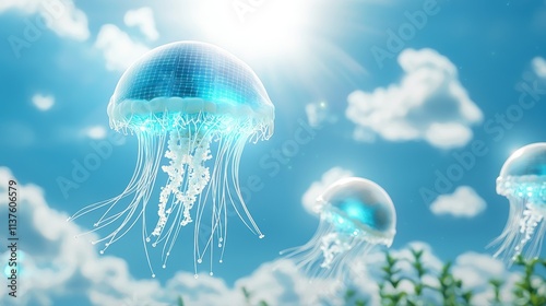A robotic jellyfish with bioluminescent tentacles and solar panels mimicking its bell, efficiently collecting energy from both sunlight and ocean currents.