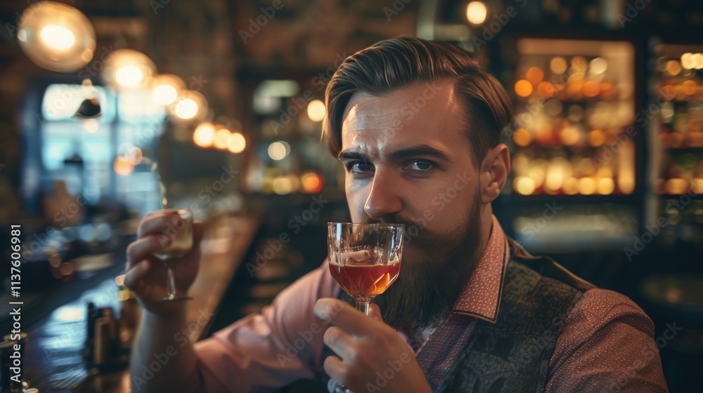 A hipster man with a handlebar mustache sipping a craft cocktail in a speakeasy bar A hipster man with a handlebar mustache sipping a craft cocktail in a speakeasy bar