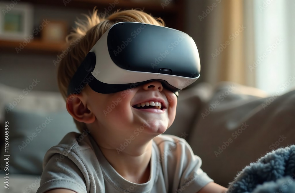Happy little boy wearing virtual reality goggles at home. Technology and entertainment concept Happy little boy wearing virtual reality goggles at home. Technology and entertainment concept