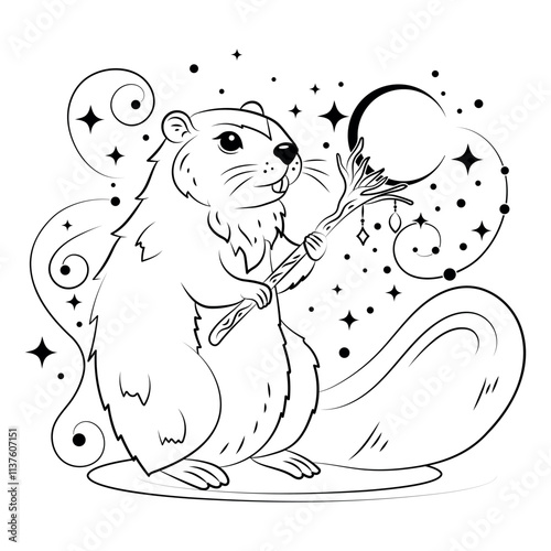 Linear drawing of a beaver with a magic staff on the background of a moonlit night