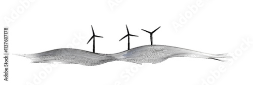 The wind power one line art is composed of a single continuous line art wind generator, green energy electricity, windmill towers, and a black line modern illustration, transparent background 