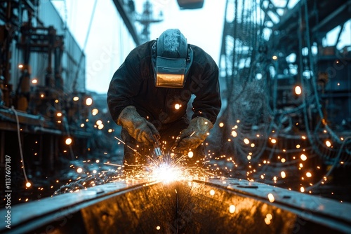 A busy dockyard scene, with a mechanic welding the hull of a boat while sparks fly, with warehouses and fishing nets in the background photo