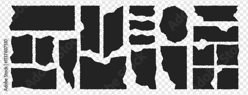 Vector set of black paper frames, grunge strips with jagged edges. Ripped sheets of different geometric form isolated on transparent background. Simple tattered page pieces, rough vintage torn scraps