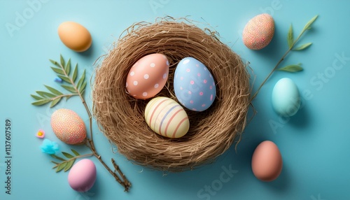 A pastel blue background with a soft brown nest holding colorful Easter eggs