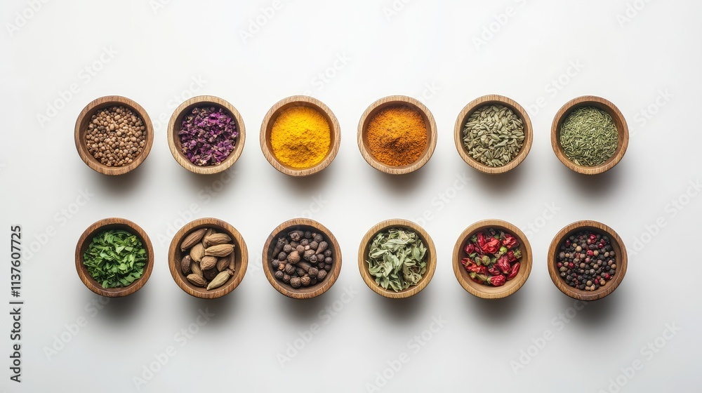 Assorted spices in small wooden bowls, neatly arranged on a plain white background, showcasing vibrant colors and textures Assorted spices in small wooden bowls, neatly arranged on a plain white background, showcasing vibrant colors and textures