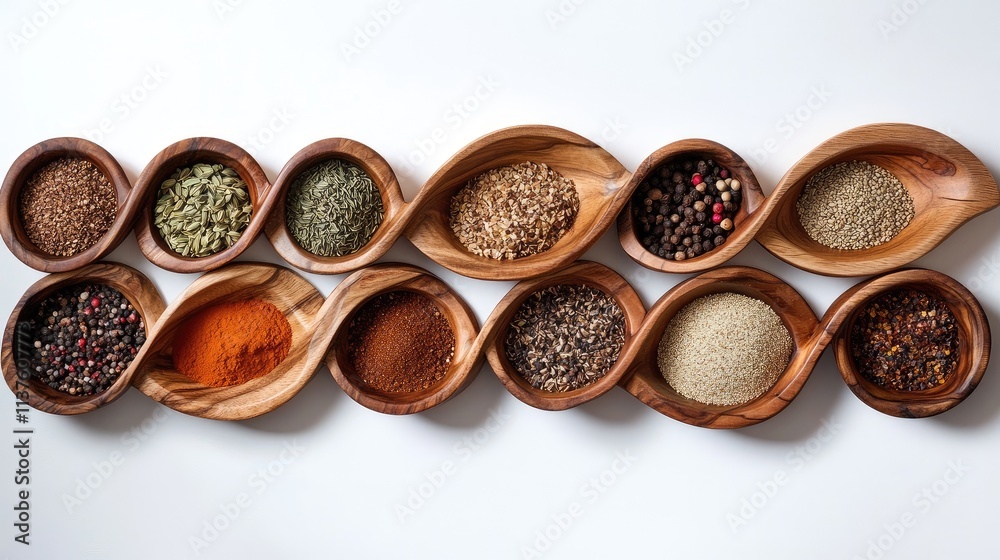 Assorted spices in wooden bowls, arranged in a wave pattern on a plain white background, emphasizing natural textures Assorted spices in wooden bowls, arranged in a wave pattern on a plain white background, emphasizing natural textures