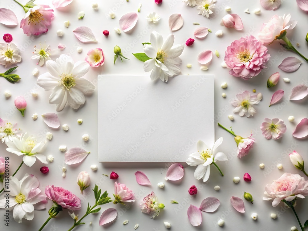 Overhead View Empty White Card Floral Arrangement, Blank Notecard, Botanical Flatlay, Wedding Invitation Design, Flower Petals Overhead View Empty White Card Floral Arrangement, Blank Notecard, Botanical Flatlay, Wedding Invitation Design, Flower Petals