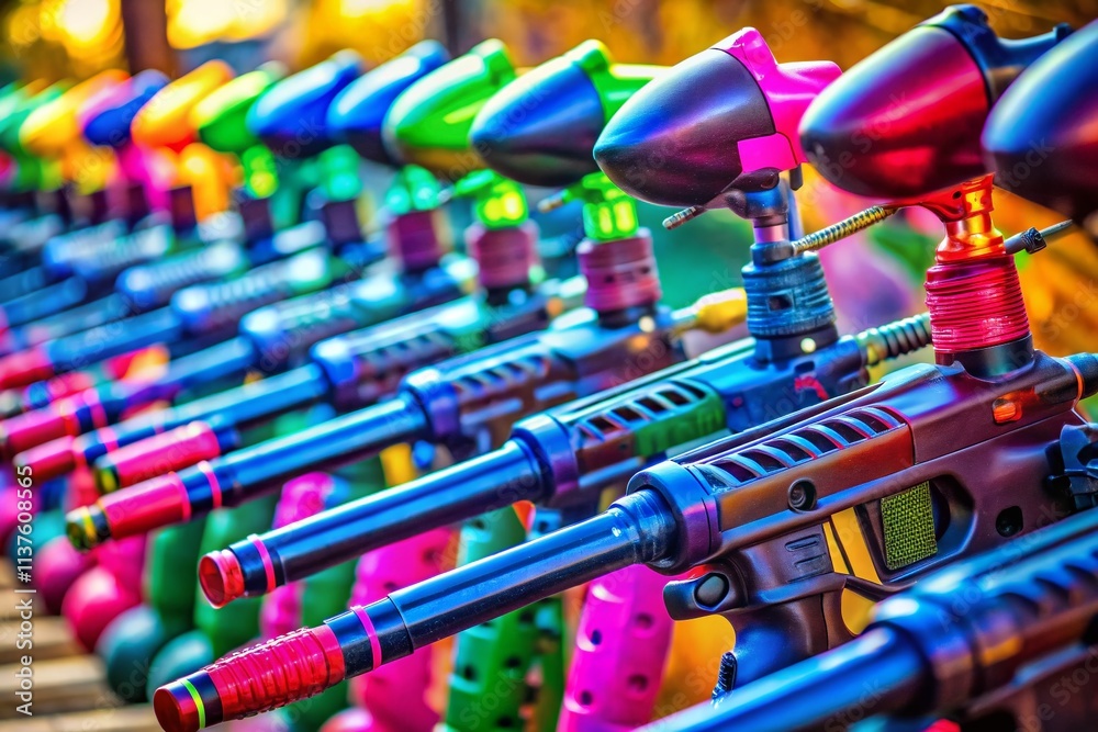 Paintball Gun Closeup Row, Action Sports Photography, Pre-Game Setup, Paintball Equipment, Competition Ready Paintball Gun Closeup Row, Action Sports Photography, Pre-Game Setup, Paintball Equipment, Competition Ready