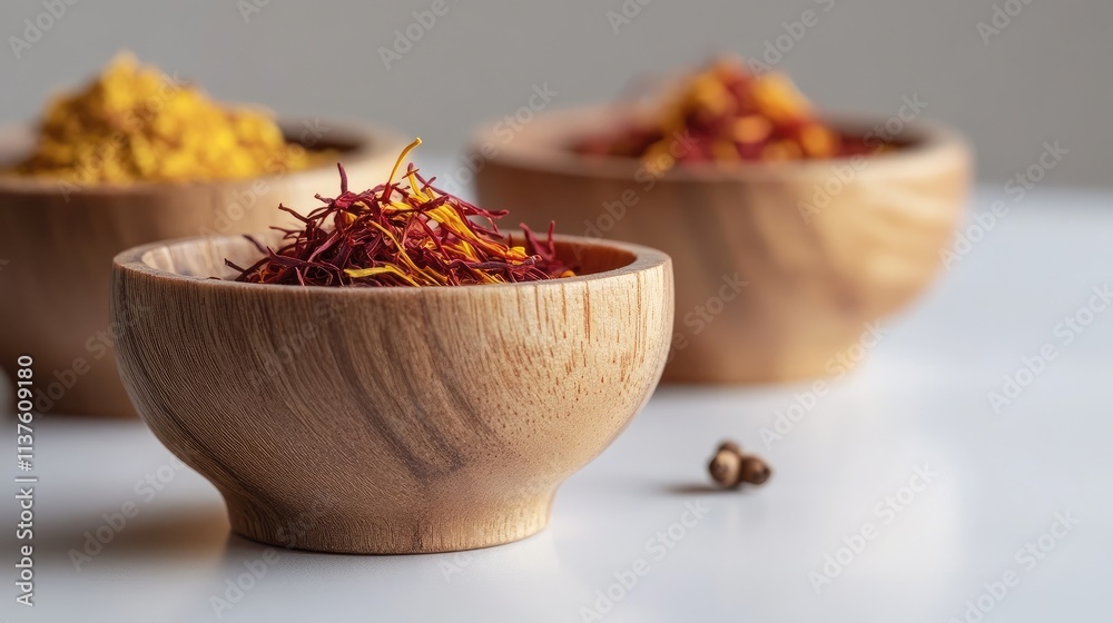 Close-up of small wooden bowls with saffron threads, clove, and nutmeg powder, against a bright white surface Close-up of small wooden bowls with saffron threads, clove, and nutmeg powder, against a bright white surface