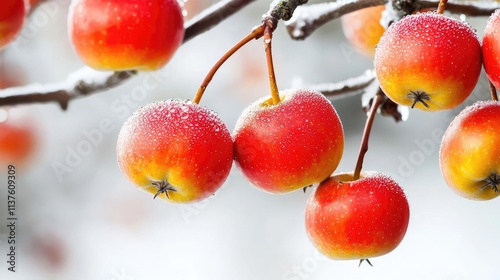 Apple harvest concept. Close-up of red apples on a frosty branch, showcasing winter's beauty and nature's bounty. photo