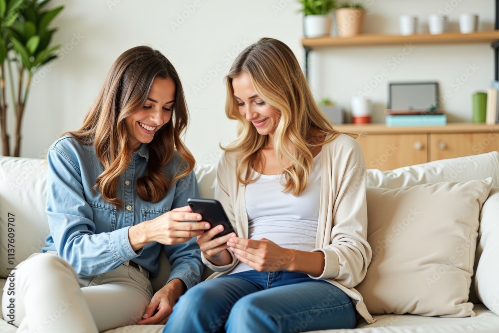 Two Women Sharing a Laugh While Using Their Smartphones on a Comfortable White Sofa in a Cozy Living Room Two Women Sharing a Laugh While Using Their Smartphones on a Comfortable White Sofa in a Cozy Living Room