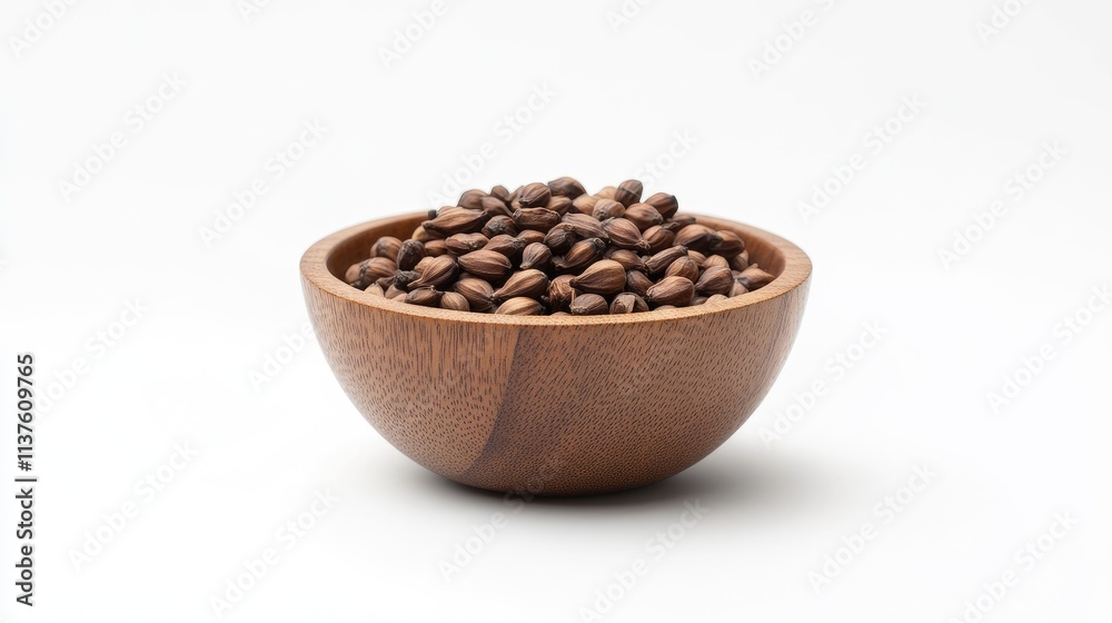 Fragrant cloves arranged neatly in a small wooden bowl, their natural texture and rich color enhanced by a clean white background