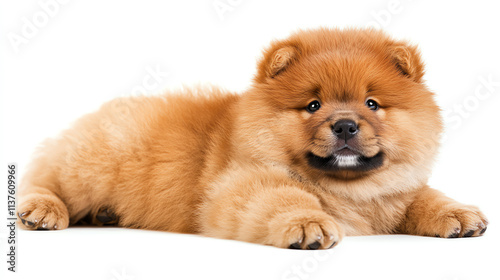 Cute chow chow puppy lying isolated on white background