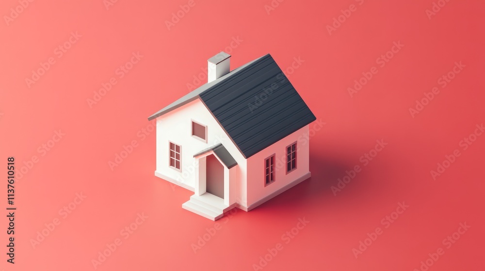 Isometric Minimalist House Model on Red Background Isometric Minimalist House Model on Red Background