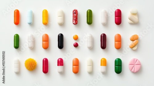 An array of colorful pills and capsules arranged in a precise pattern on a sterile lab counter, representing pharmaceutical advancements and drug development.