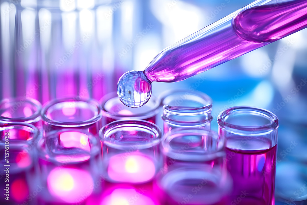 A pipette transfers vibrant purple liquid into several test tubes A pipette transfers vibrant purple liquid into several test tubes