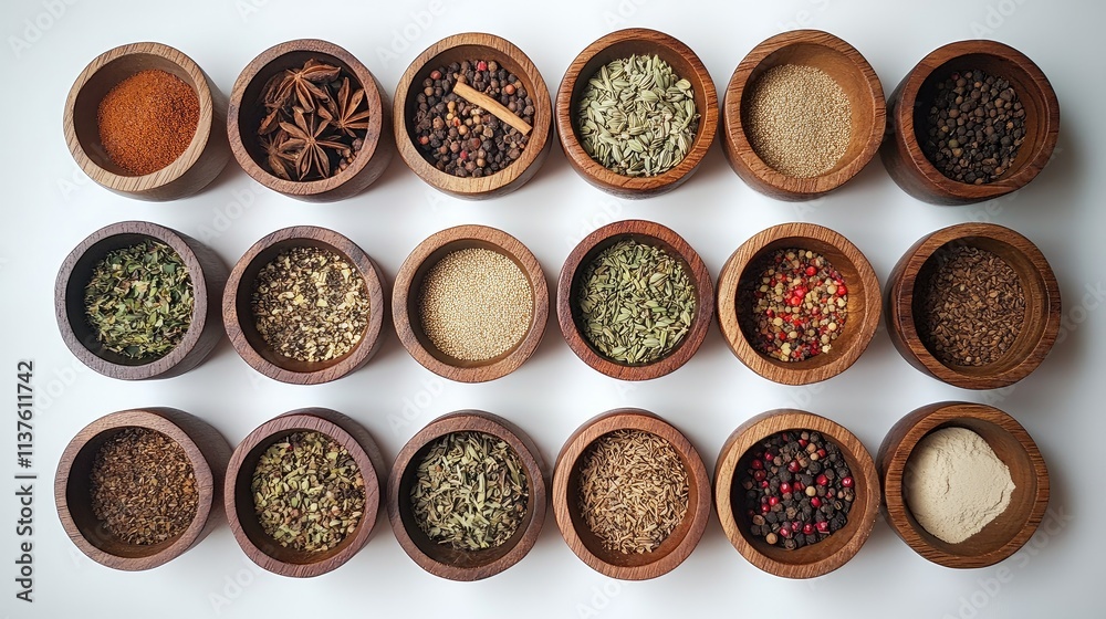 Top view of mixed spices in wooden bowls, arranged in a circle on a white background, emphasizing texture and color Top view of mixed spices in wooden bowls, arranged in a circle on a white background, emphasizing texture and color