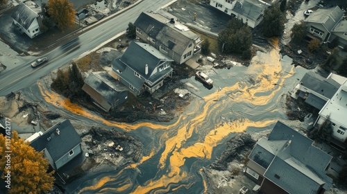 Floodwaters engulf houses; muddy, yellow slurry flows.