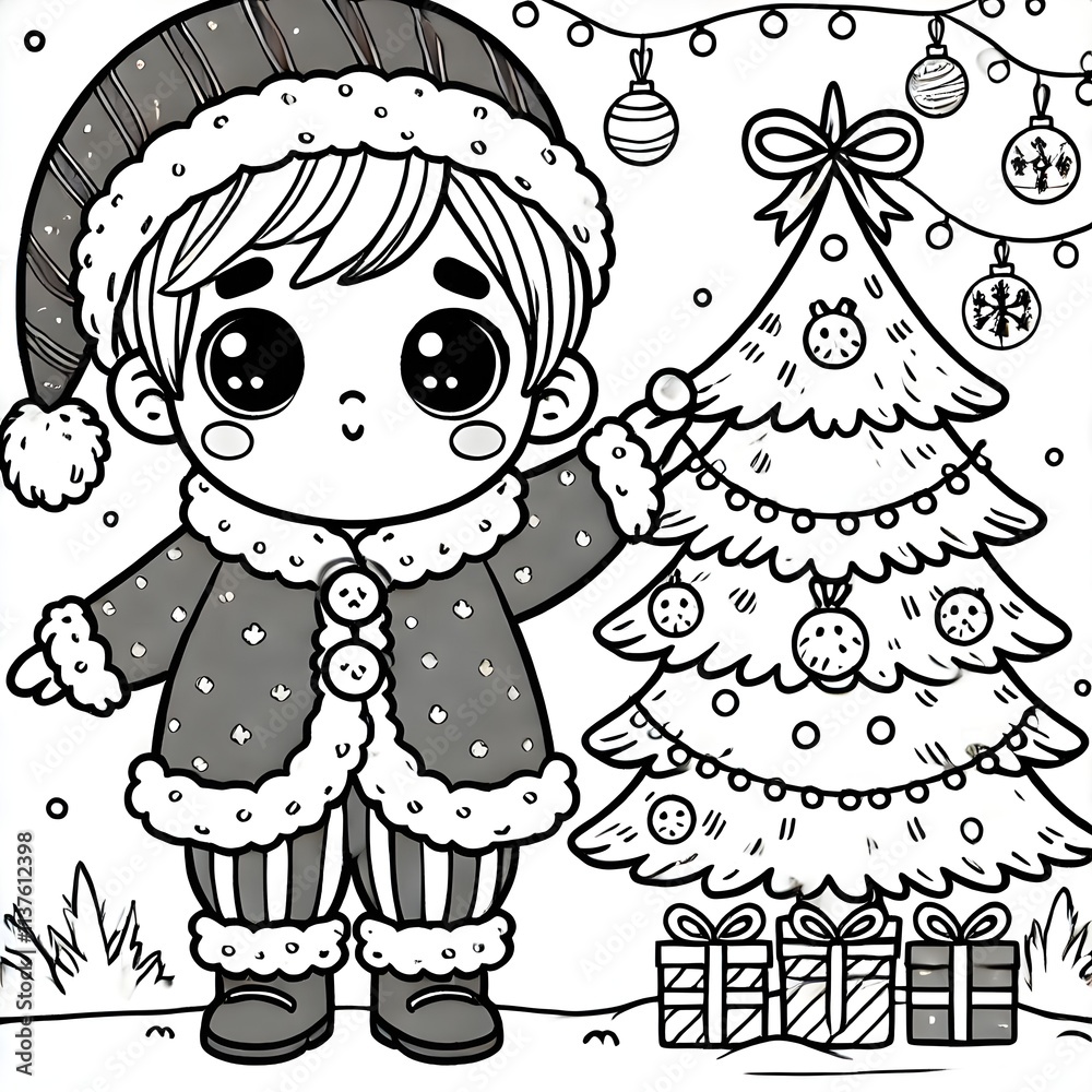Blank coloring book illustration of a child wearing a Christmas costume decorating a Christmas tree. Blank coloring book illustration of a child wearing a Christmas costume decorating a Christmas tree.