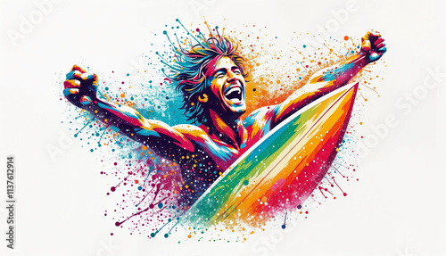 A colorful, energetic digital painting of a surfer celebrating, surrounded by vibrant paint splashes and a dynamic waveboard photo