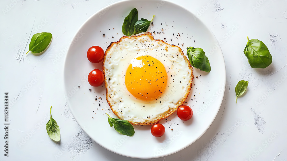 Fried egg with cherry tomatoes and fresh basil on light background Fried egg with cherry tomatoes and fresh basil on light background