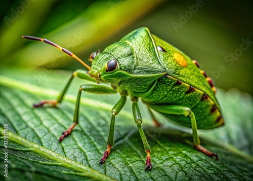 Panoramic Green Stink Bug on Leaf - Macro Photography, Nature Insect Closeup, Detailed Bug Image, Green Shield Bug