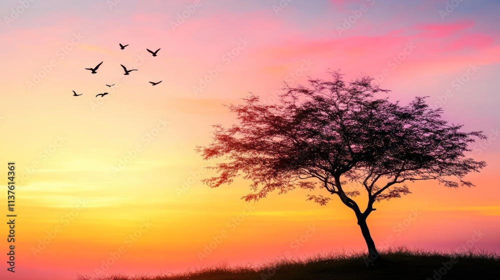 Solitary tree silhouette at vibrant sunset with birds in flight.