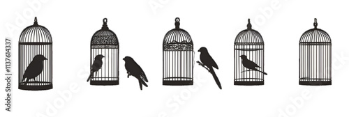 Illustrated bird cage silhouettes. Illustration of bird cage design, white or transparent background