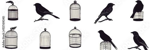 Illustrated bird cage silhouettes. Illustration of bird cage design, transparent background