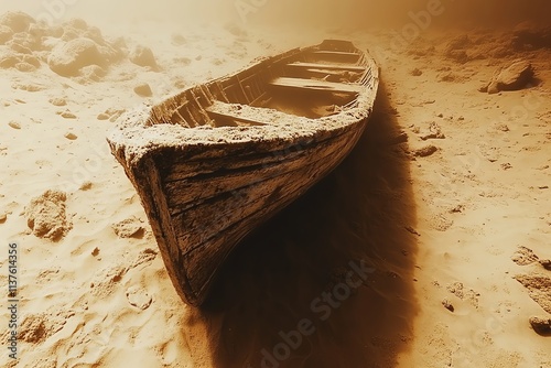 An old wooden boat lies half-buried in sand, the sun casting long shadows. photo