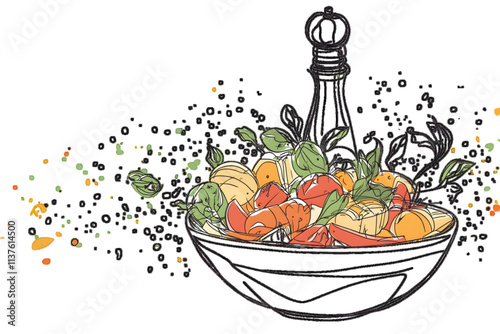 A continuous one-line drawing of a fresh vegetable greek salad bowl, a pepper mill banner. Modern poster with simole hand-drawn lines placed on a white or transparent background
