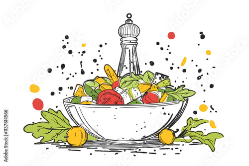 A continuous one-line drawing of a fresh vegetable greek salad bowl, a pepper mill banner. Modern poster with simole hand-drawn lines kept on a white or transparent background