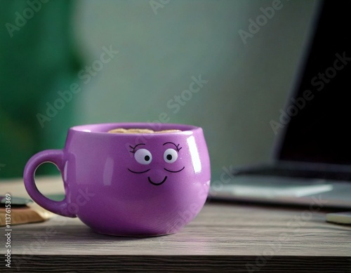 Funny purple fat cup sitting on the table, vibrant office decor, playful design, quirky style, imaginative concept, cheerful gift idea, adds personality, enhances workspace, creates positive atmospher photo