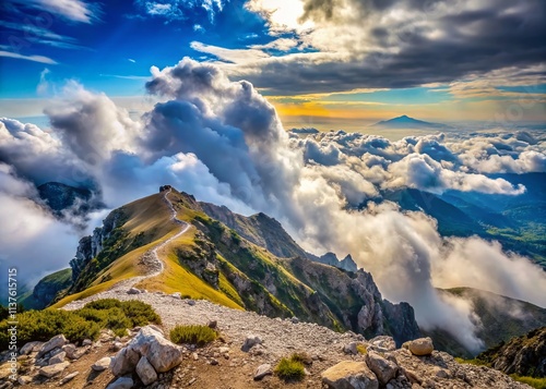 Panoramic Olympus Mytikas Summit Cloud View: Majestic Greek Mountain Hiking Trail photo