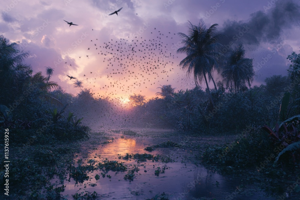 Obraz premium Sunset over swamp; birds fly; tranquil scene.